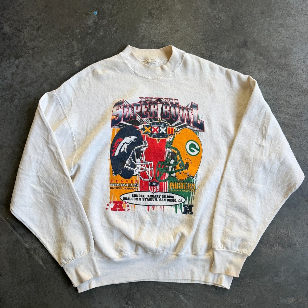 Vintage 1998 Super Bowl XXXII Broncos Packers Graphic Sweatshirt NFL XL 24x26